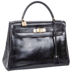 HERMES Vintage Kelly 32 Bag in Black Box Leather