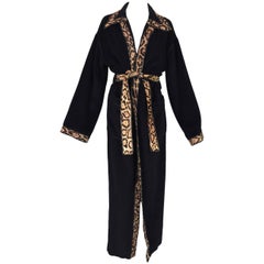 Fendi Black Cashmere Blend Robe Coat Jacket with Leopard Pony Hair Trim, 1990s