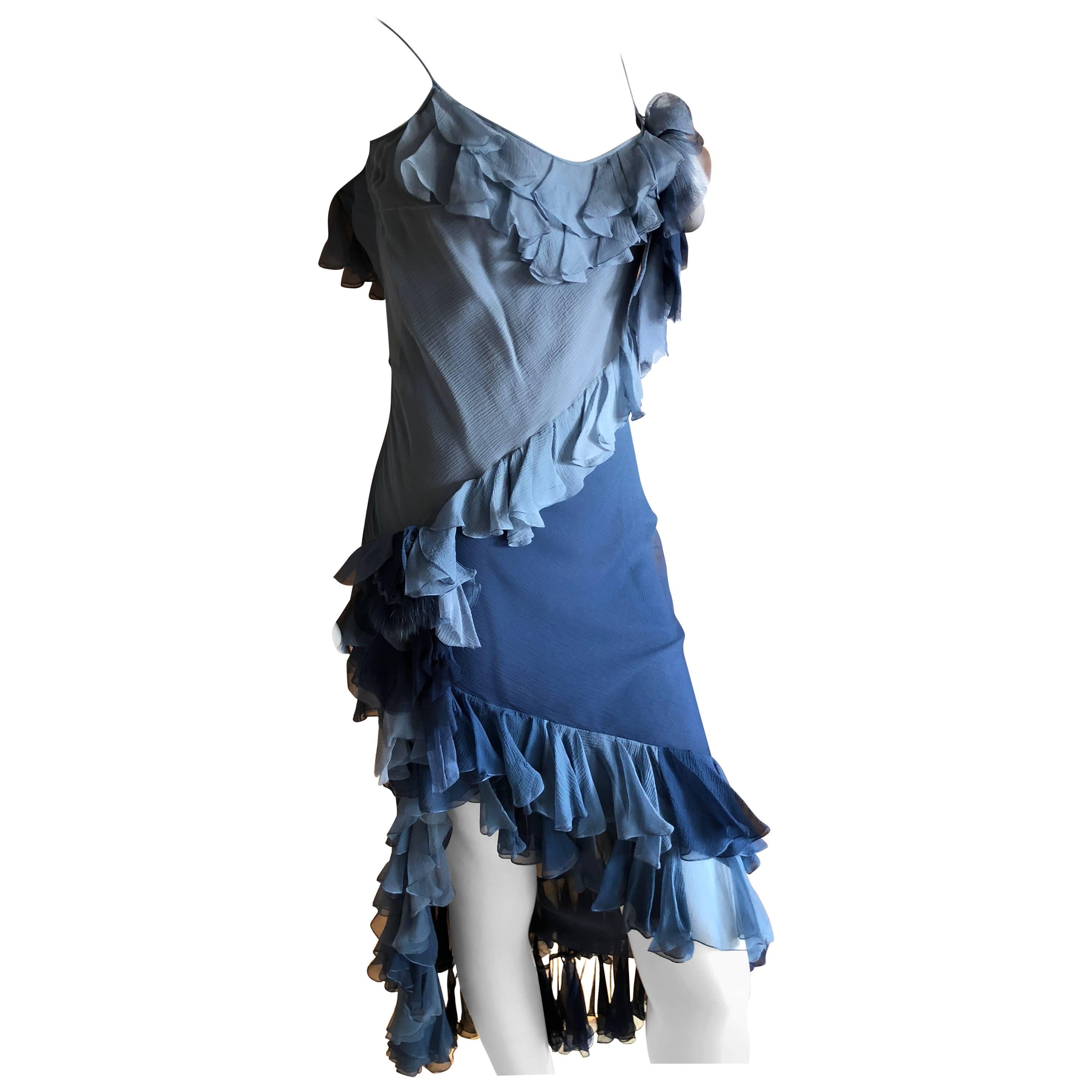 John Galliano 1990's Label Silk Ruffle Ombre Dress with Fur Trim Floral Accents For Sale