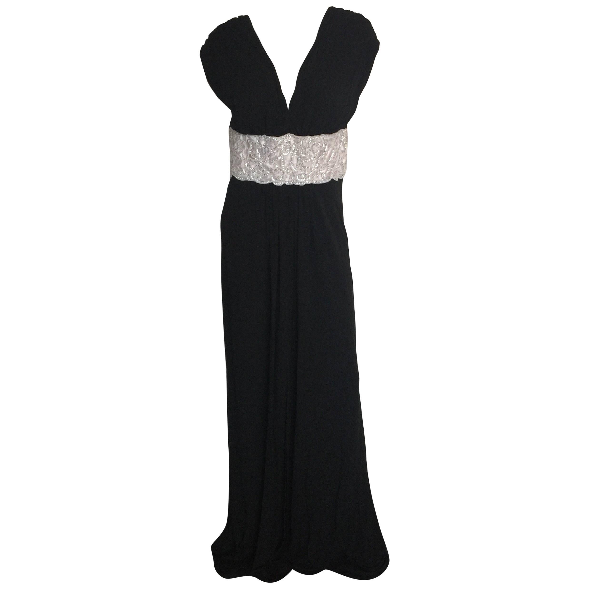 Naeem Khan Black silk jersey gown with white beaded waistband  For Sale