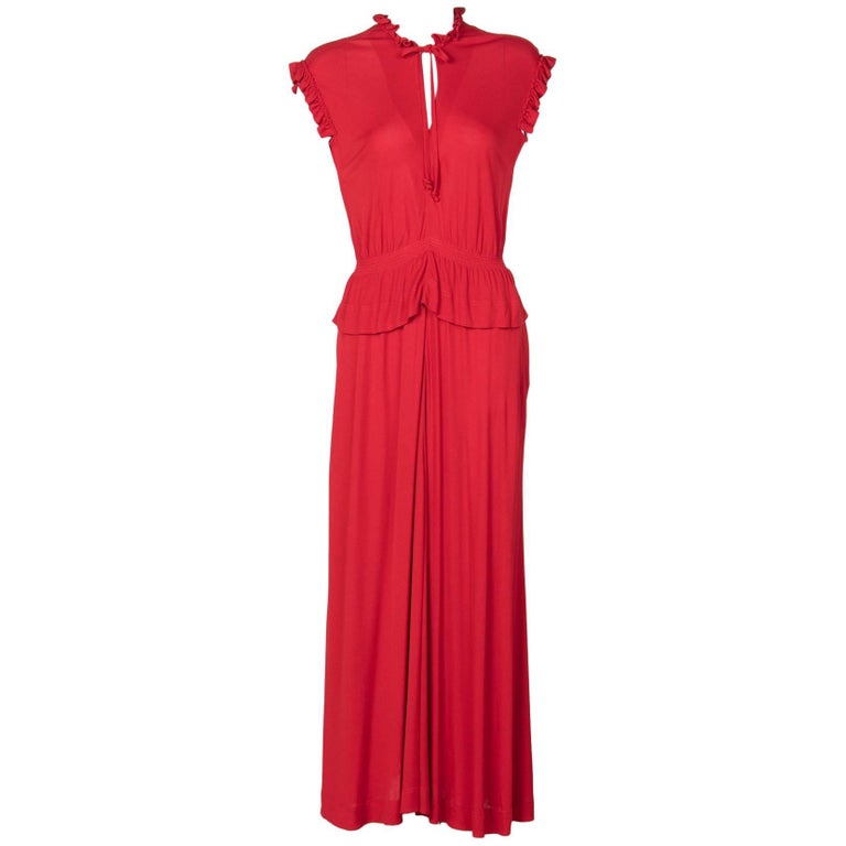 1970s Jean Muir Red Peplum Draped Jersey Dress at 1stDibs