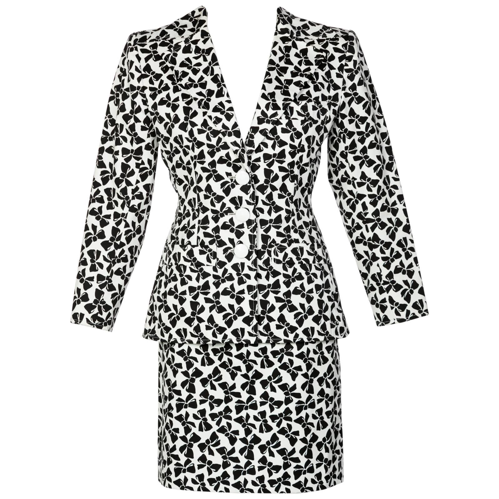 Yves Saint Laurent Cotton Black and White Bow print Skirt Suit, 1980s 