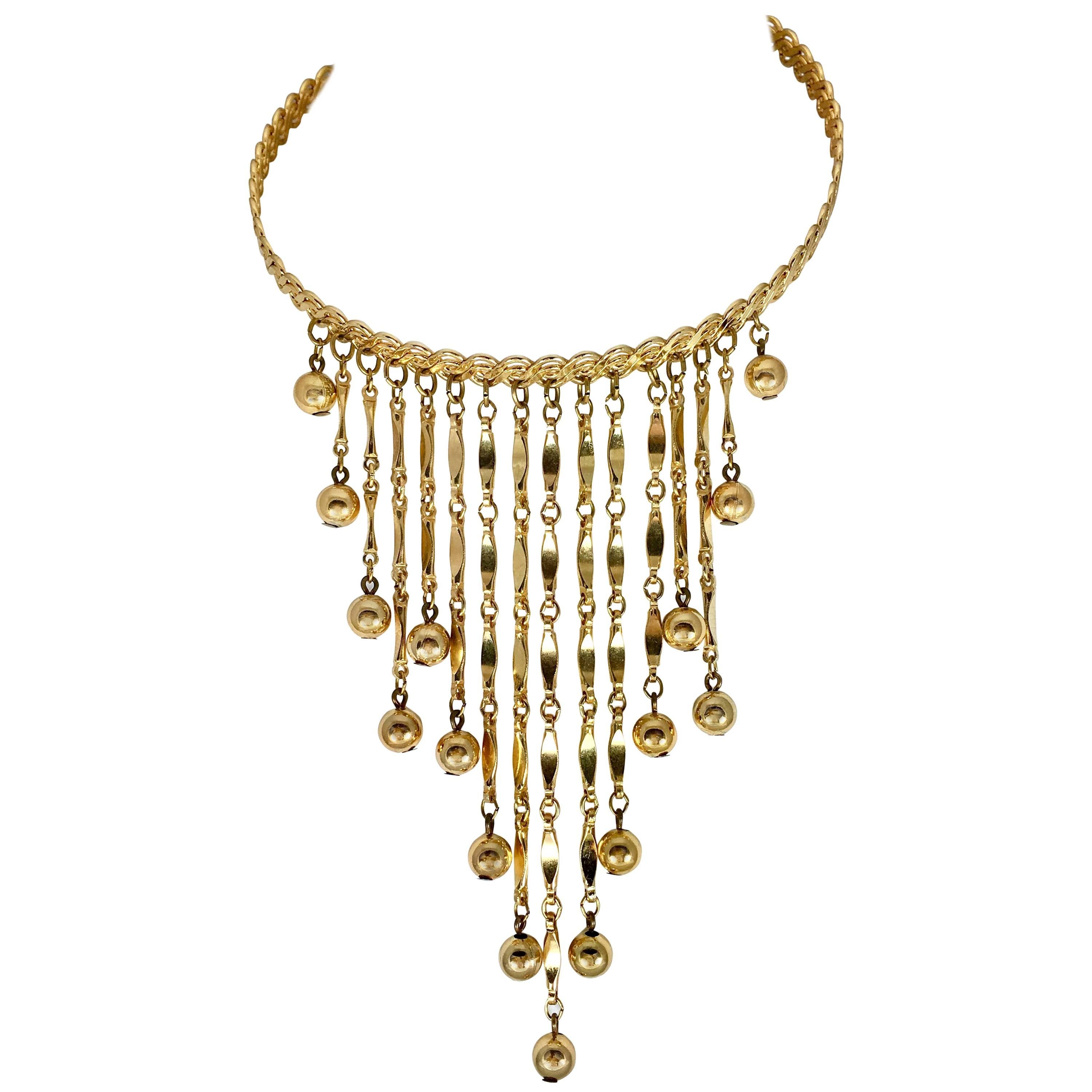 20th Century Modernist Gold Fringe & Ball Bib Collar Style Necklace By Napier