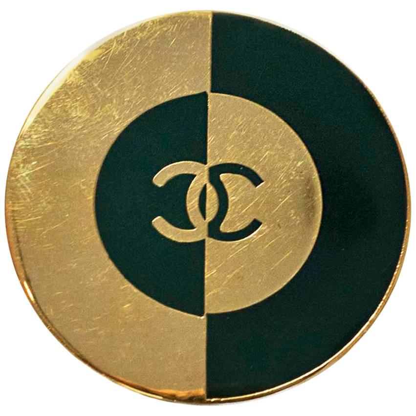 Chanel Green & Goldtone CC Brooch Pin