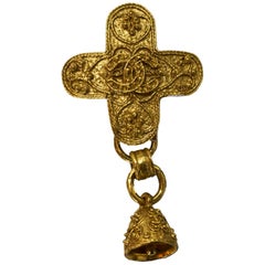 Chanel 1994 Vintage Goldtone CC Cross Brooch Pin with Bell