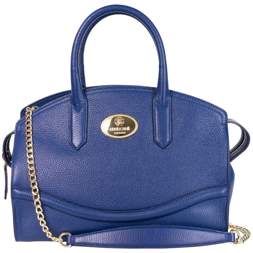 Roberto Cavalli Blue Top Zippered Grained Leather Boston Tote Bag For Sale