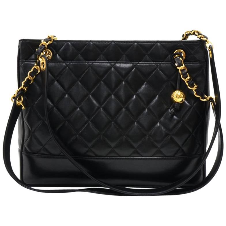 Chanel Vintage Black Quilted Leather Tote Shoulder Bag  For Sale