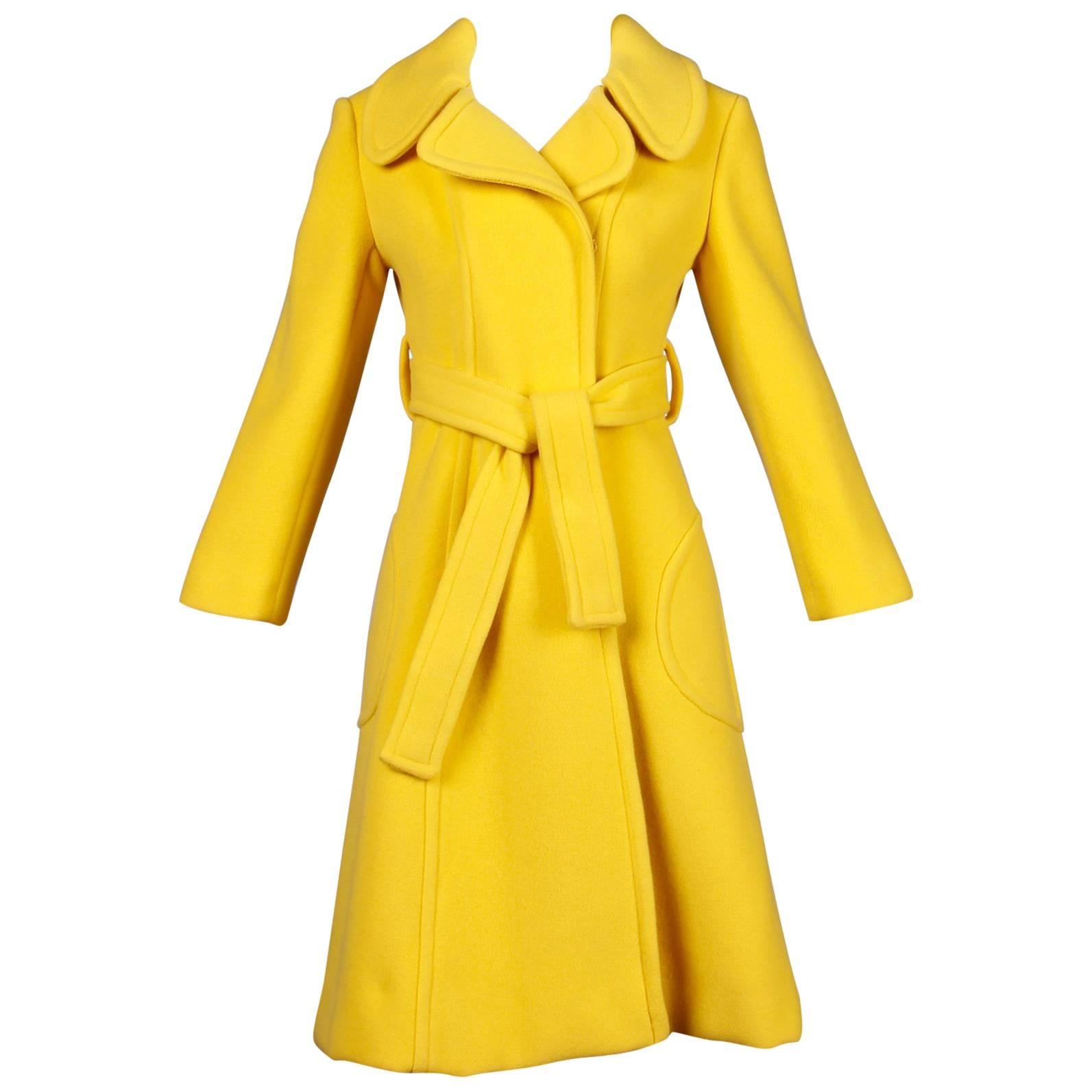 Rare Dia Diodato 1970s Vintage Yellow Wool Trench Wrap Coat with Rounded Collar