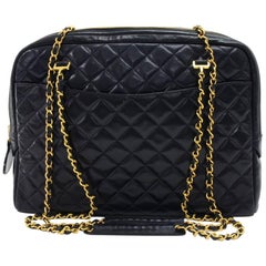 Chanel Vintage 14 Inch Black Quilted Lambskin Leather XL Tote Shoulder Bag 
