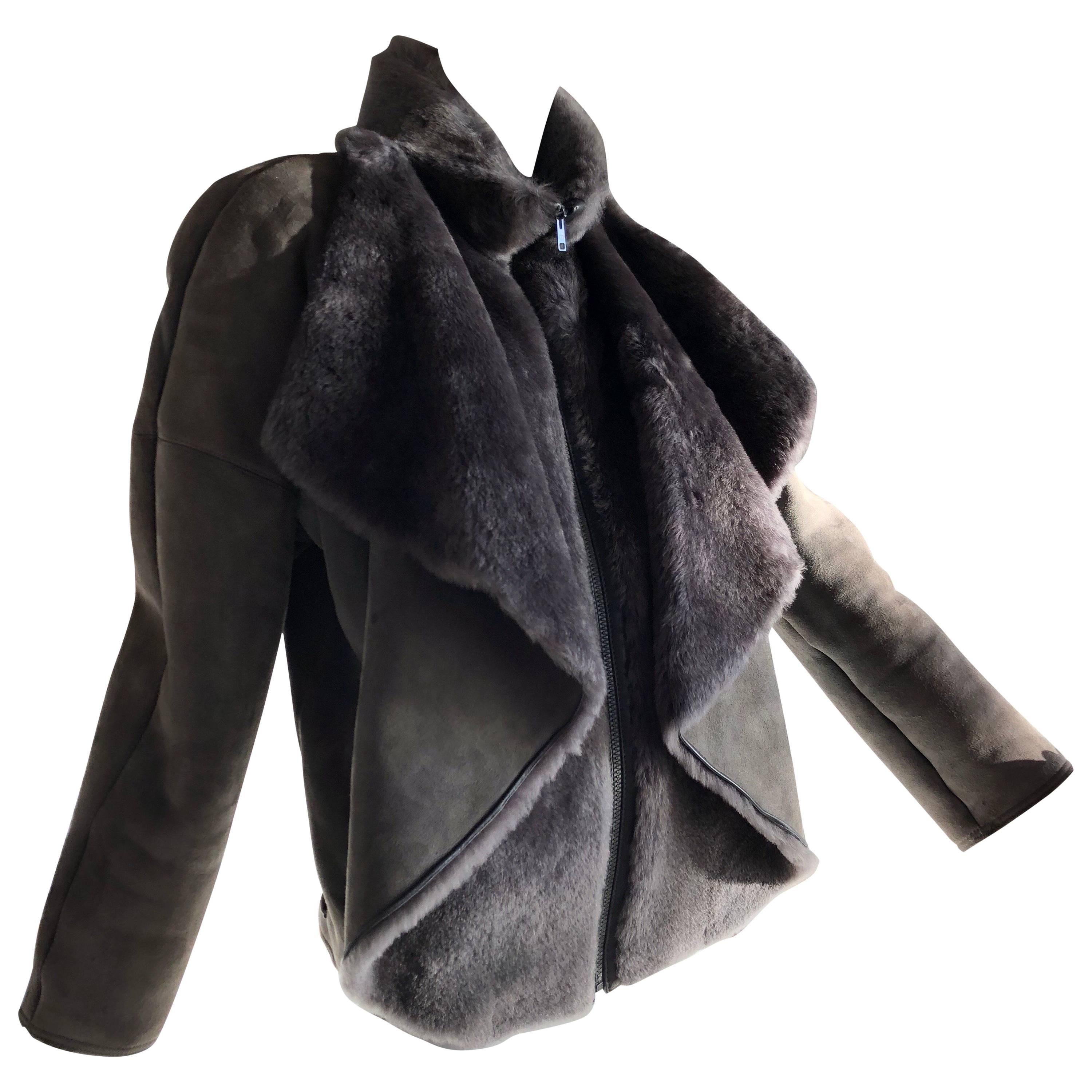 1980s Gianni Versace Gray Shearling Zip Front Jacket W/ Luxurious Draped Collar