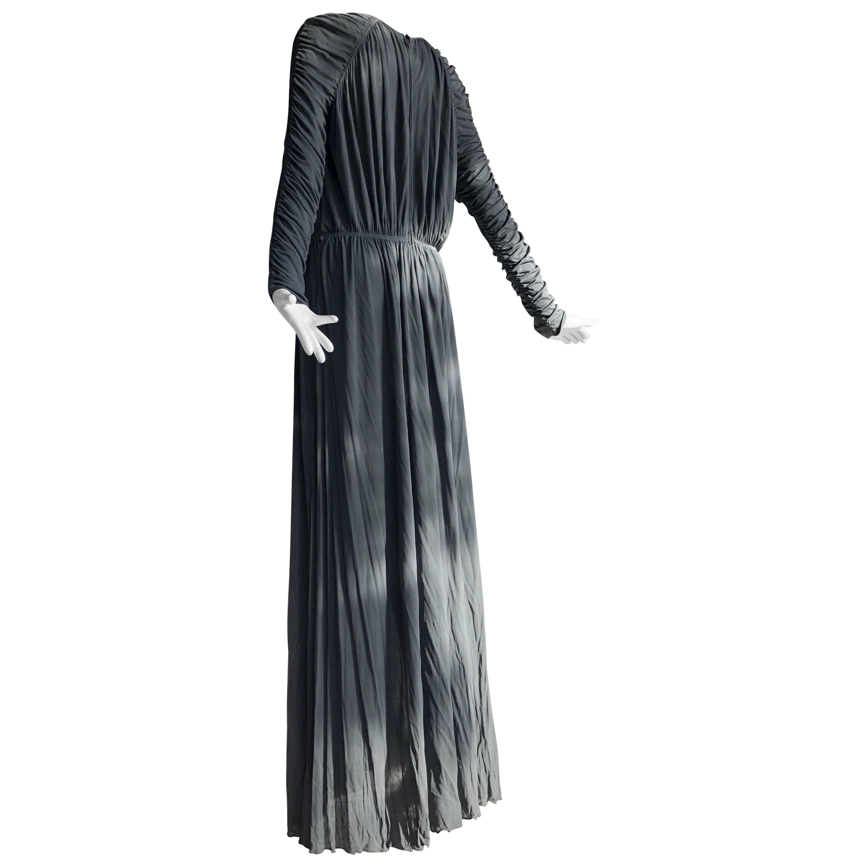 1970s Christian Dior Slate Gray Fine Silk Jersey Ruched Grecian-Style Gown