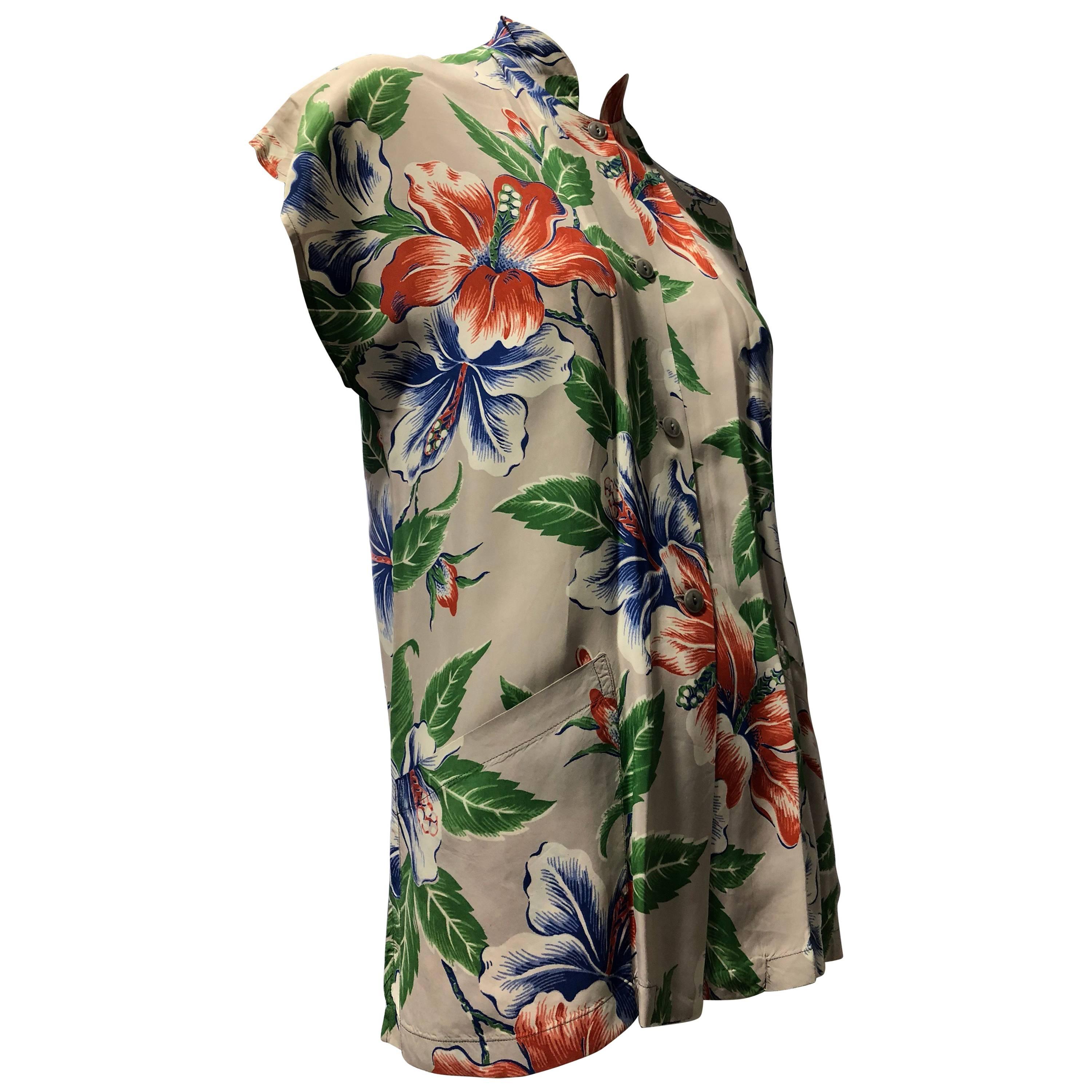 Hawaiian Tropical Print Nehru Collar Rayon Blouse With Side Pockets, 1940s 
