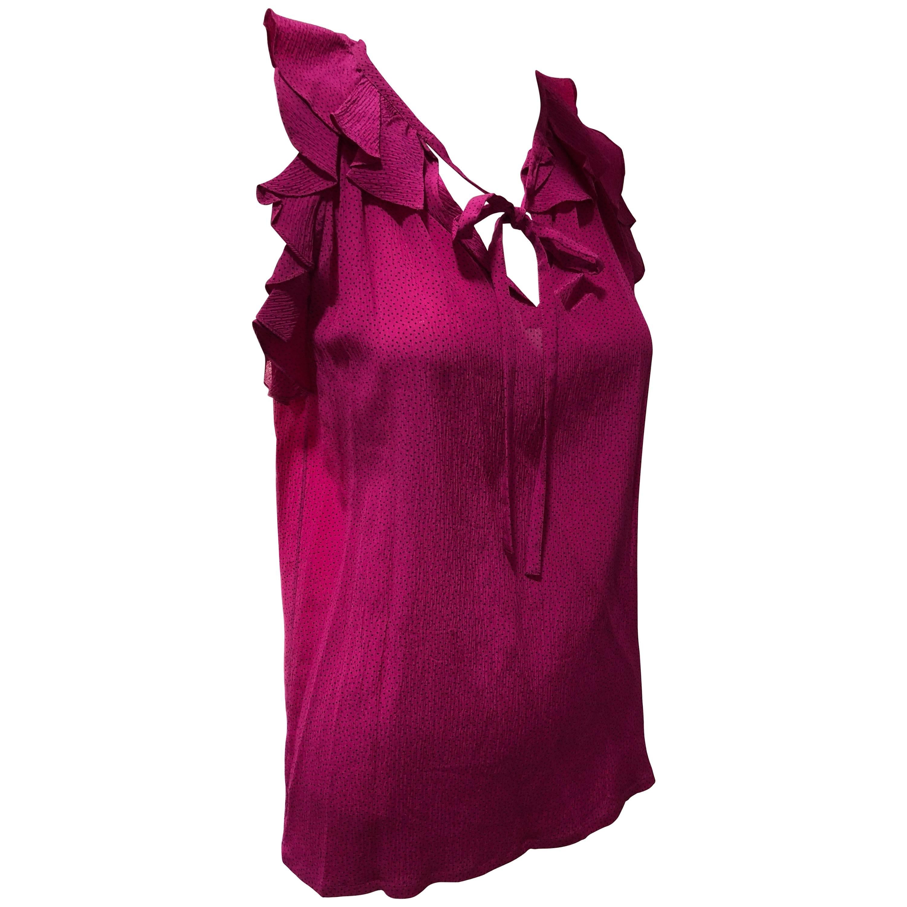 1980s Saint Laurent Hot Pink Silk Ruffled and Ribbon Tie Camisole