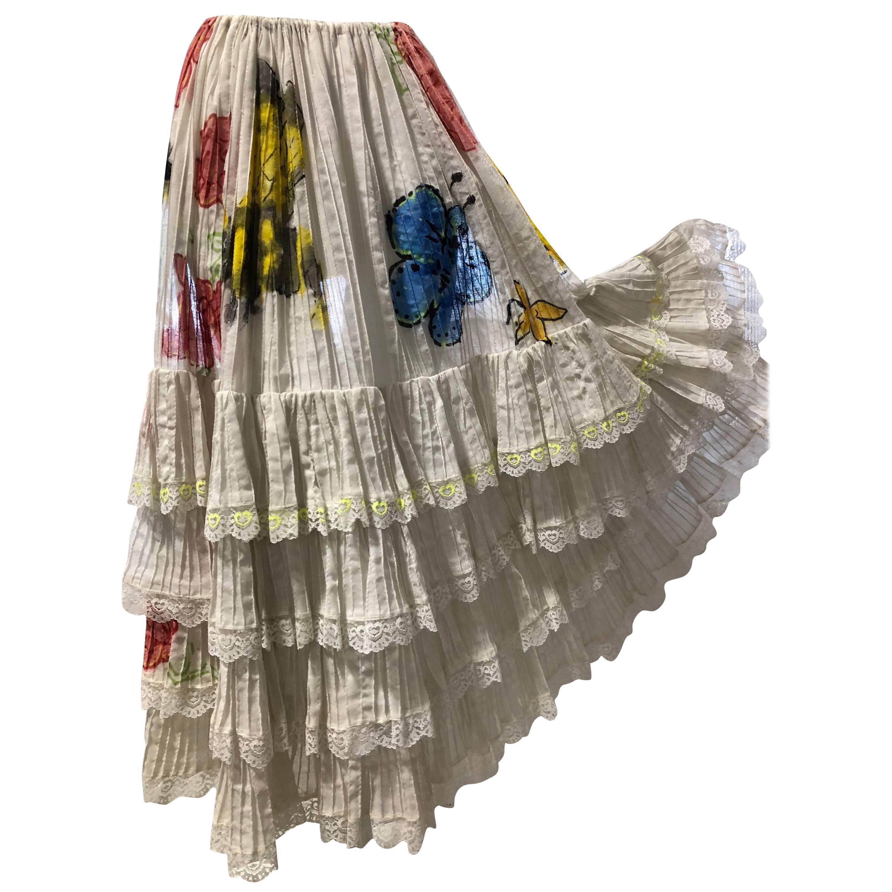 Mexican White Cotton Lace Tiered Skirt With Hand-Painted Bees and Florals, 60s 