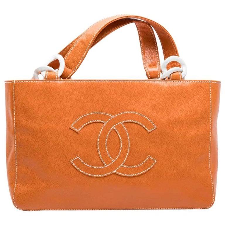 CHANEL Tote Bag in Orange Leather with White Stitching at 1stDibs