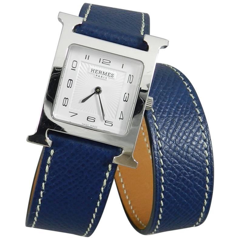 Hermes Stainless steel H Heure Double Tour Medium Epsom Blue quartz Wristwatch