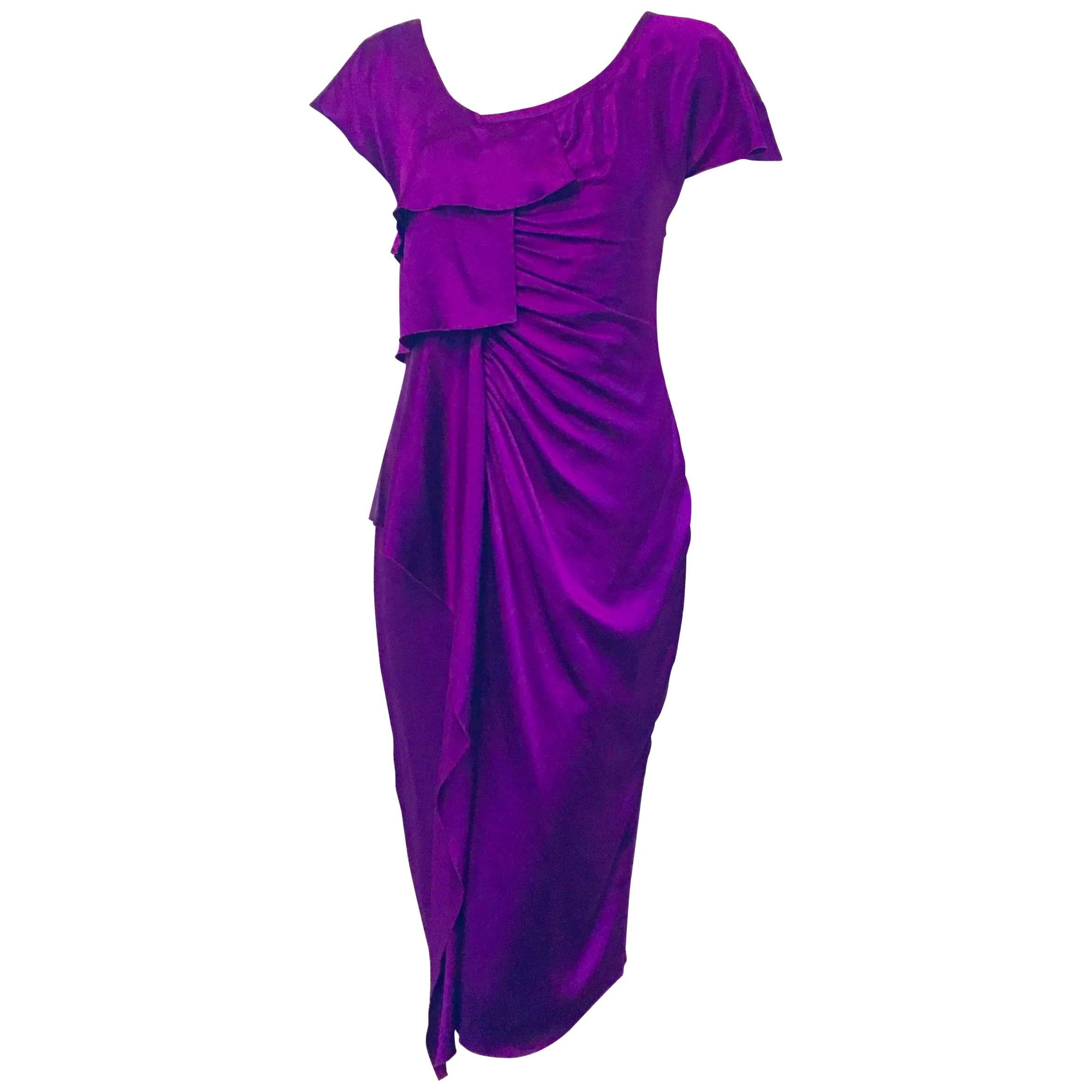 Versatile Versace Purple Draped Short Sleeve Silk Dress For Sale