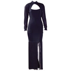 Thierry Mugler schwarzes:: langes Fransenkleid aus Stretch-Jersey:: 1980er Jahre