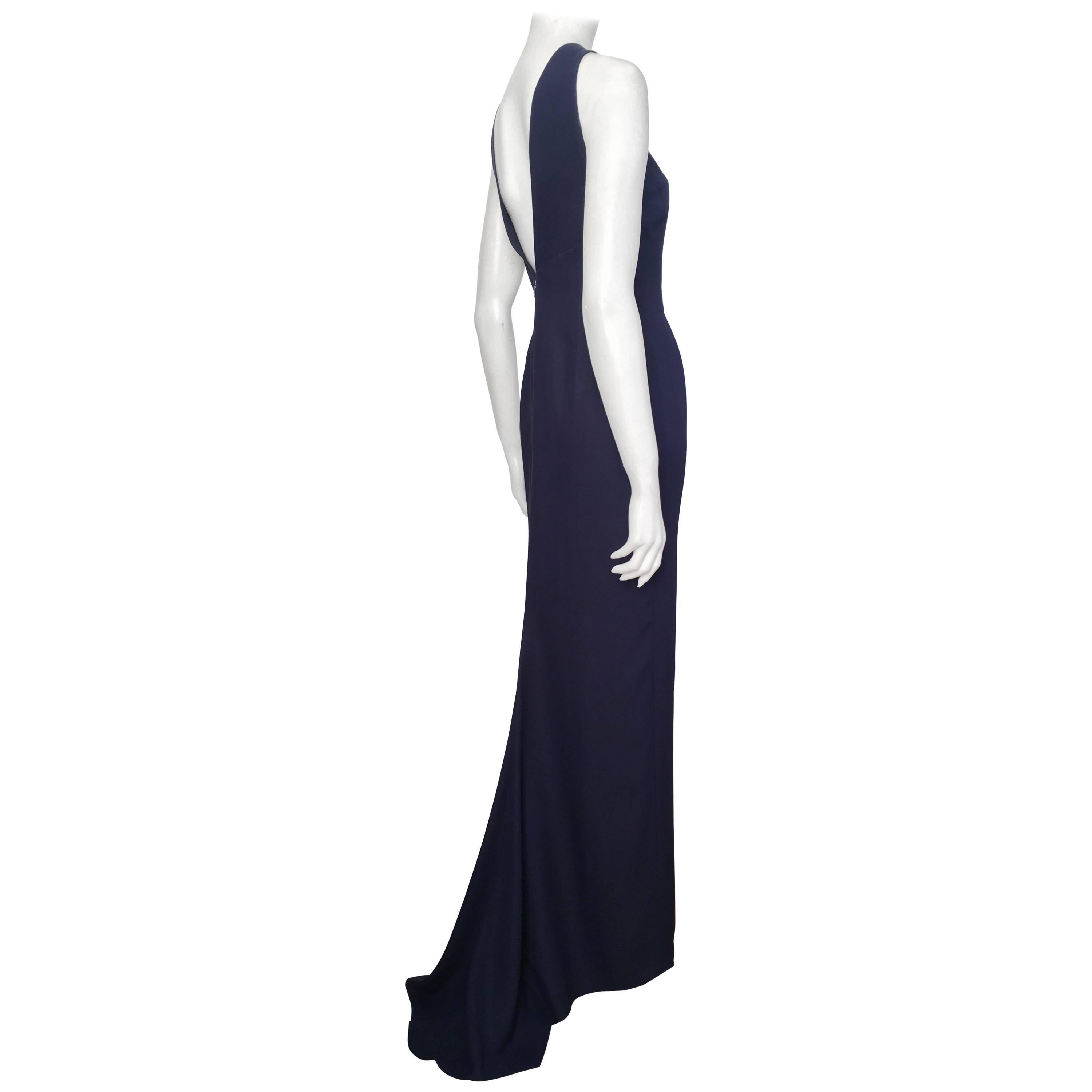 Bill Blass for Neiman Marcus 1980s Navy Silk Crepe Gown with Train Size 6. For Sale