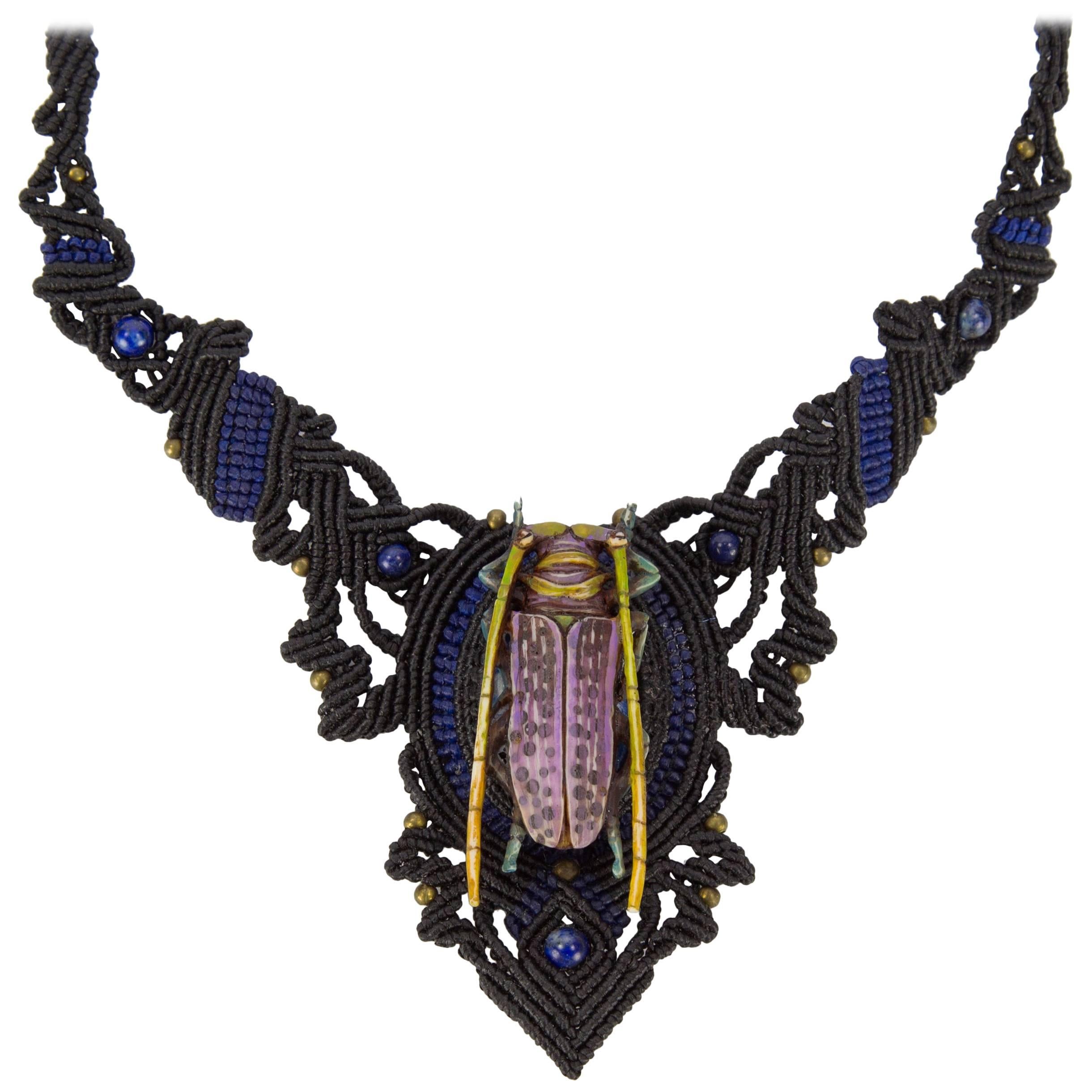 Carved Beetle set on Intricately Hand Knotted Neckpiece Statement Necklace For Sale