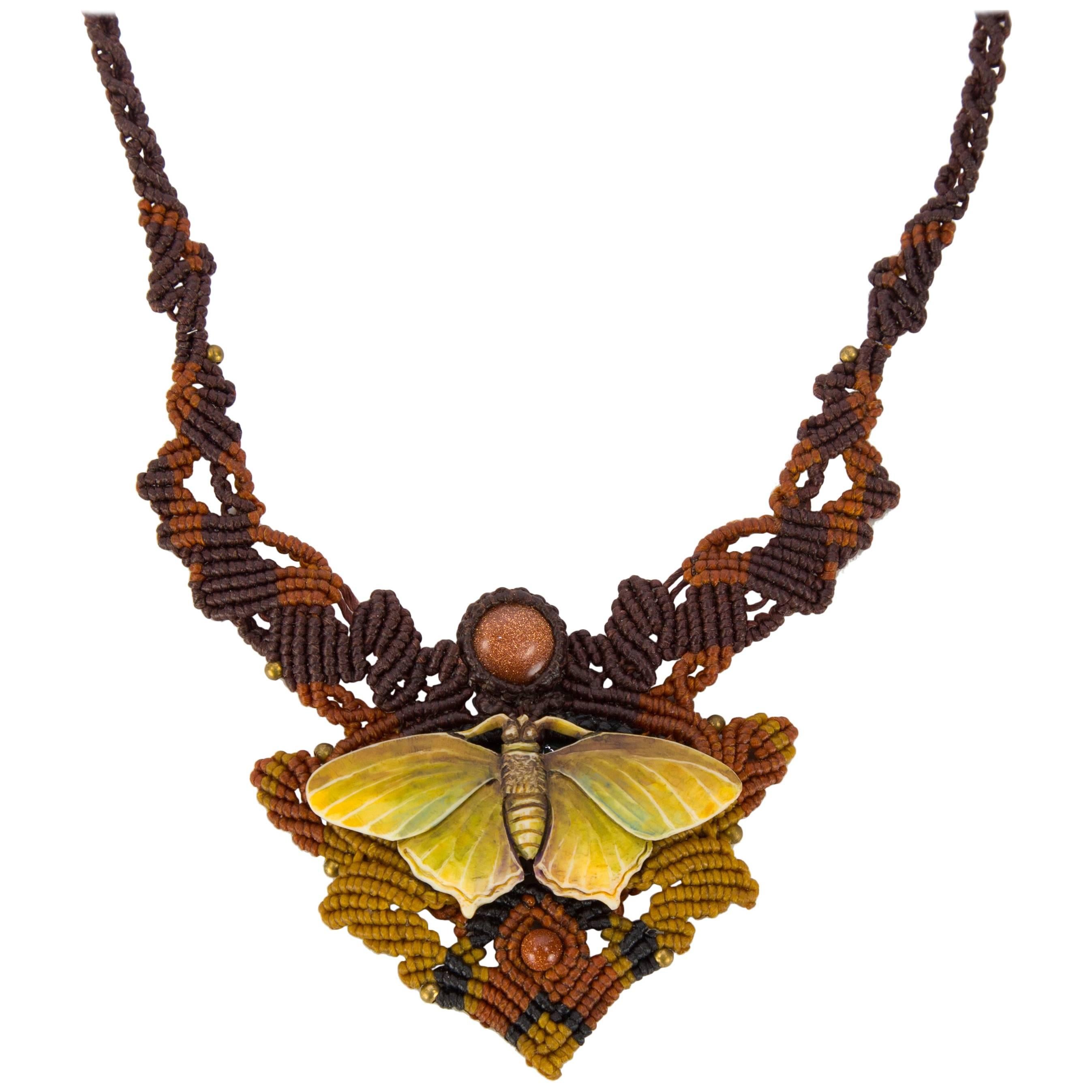 Carved Butterfly on Intricate Hand Knotted Neckpiece Statement Necklace For Sale