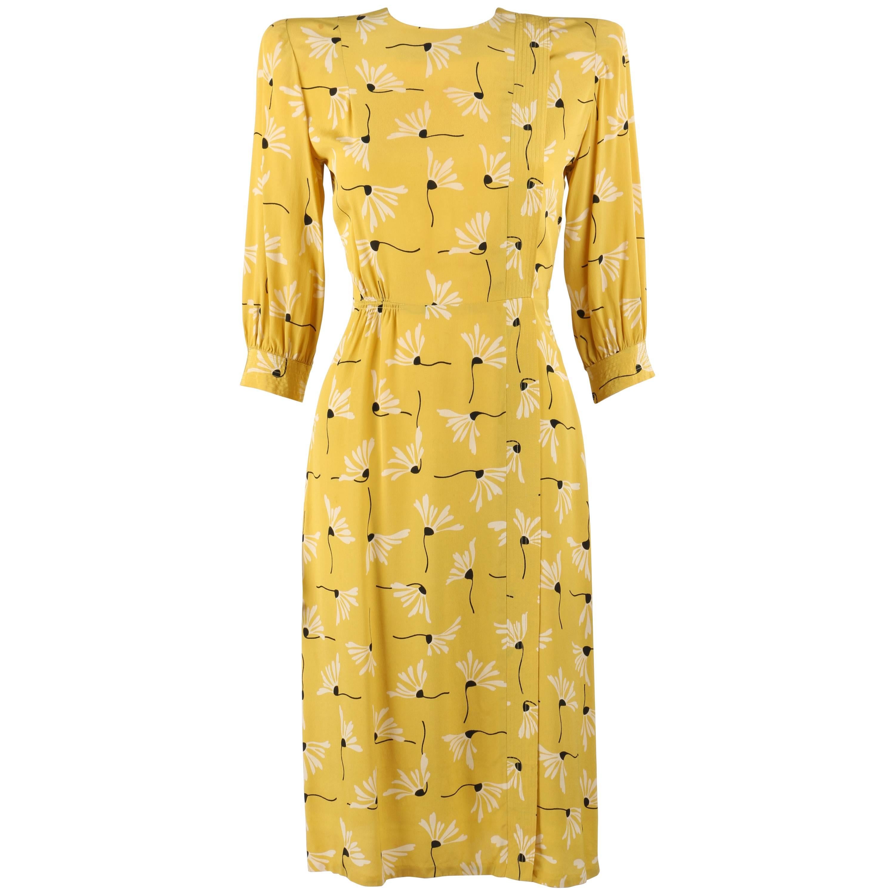 SERGEE OF CALIFORNIA c.1940's Yellow Daisy Floral Print Rayon Crepe Day Dress