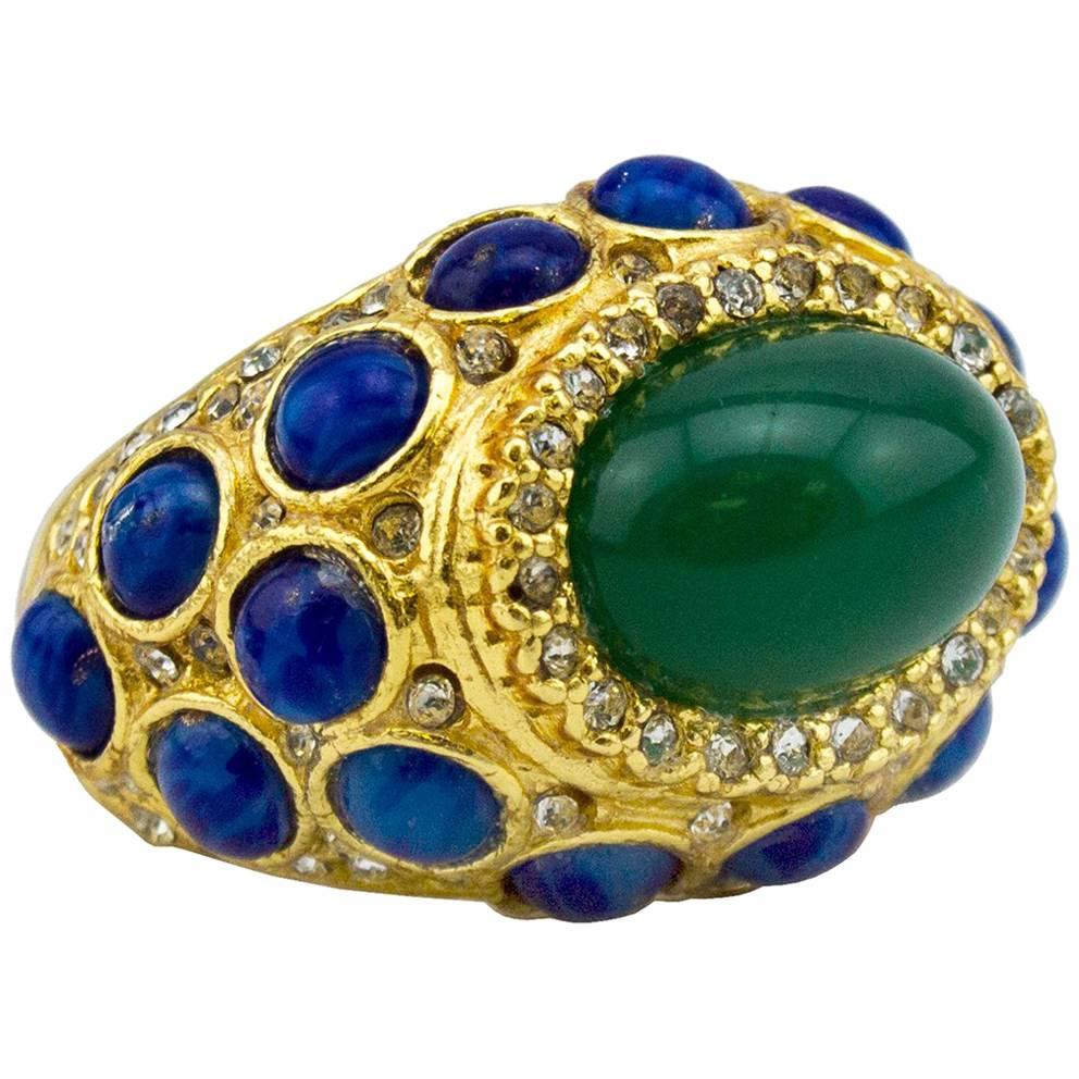 1970s Kenneth Jay Lane Cocktail Ring with Green and Blue Cabochon Stones 