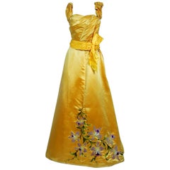1895 Mme Arnaud French Couture Victorian Floral Embroidered Yellow Satin Gown
