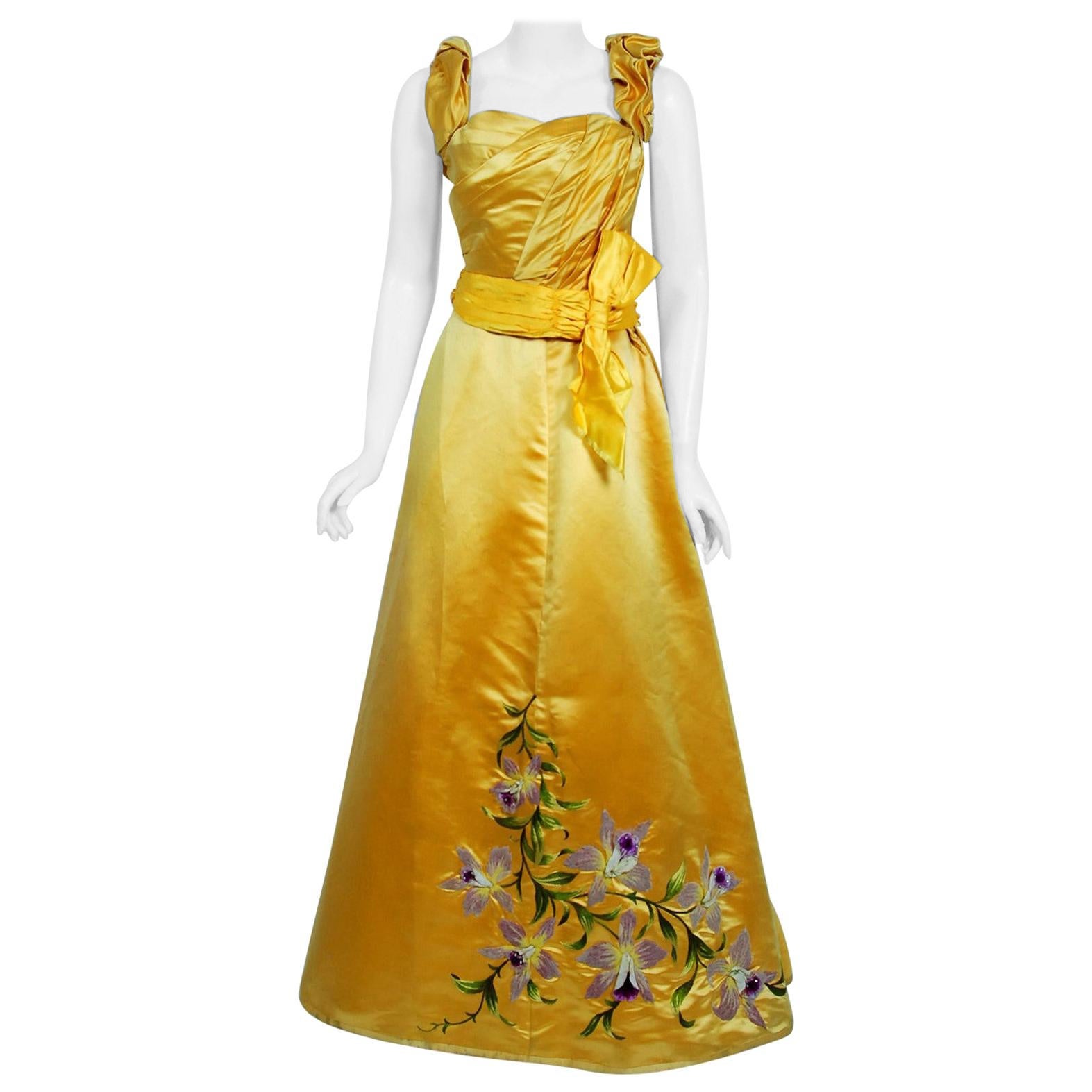 Vintage 1890's Victorian French Couture Floral Embroidered Yellow Satin Gown For Sale