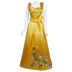Antique 1890's Victorian French Couture Floral Embroidered Yellow Satin Gown