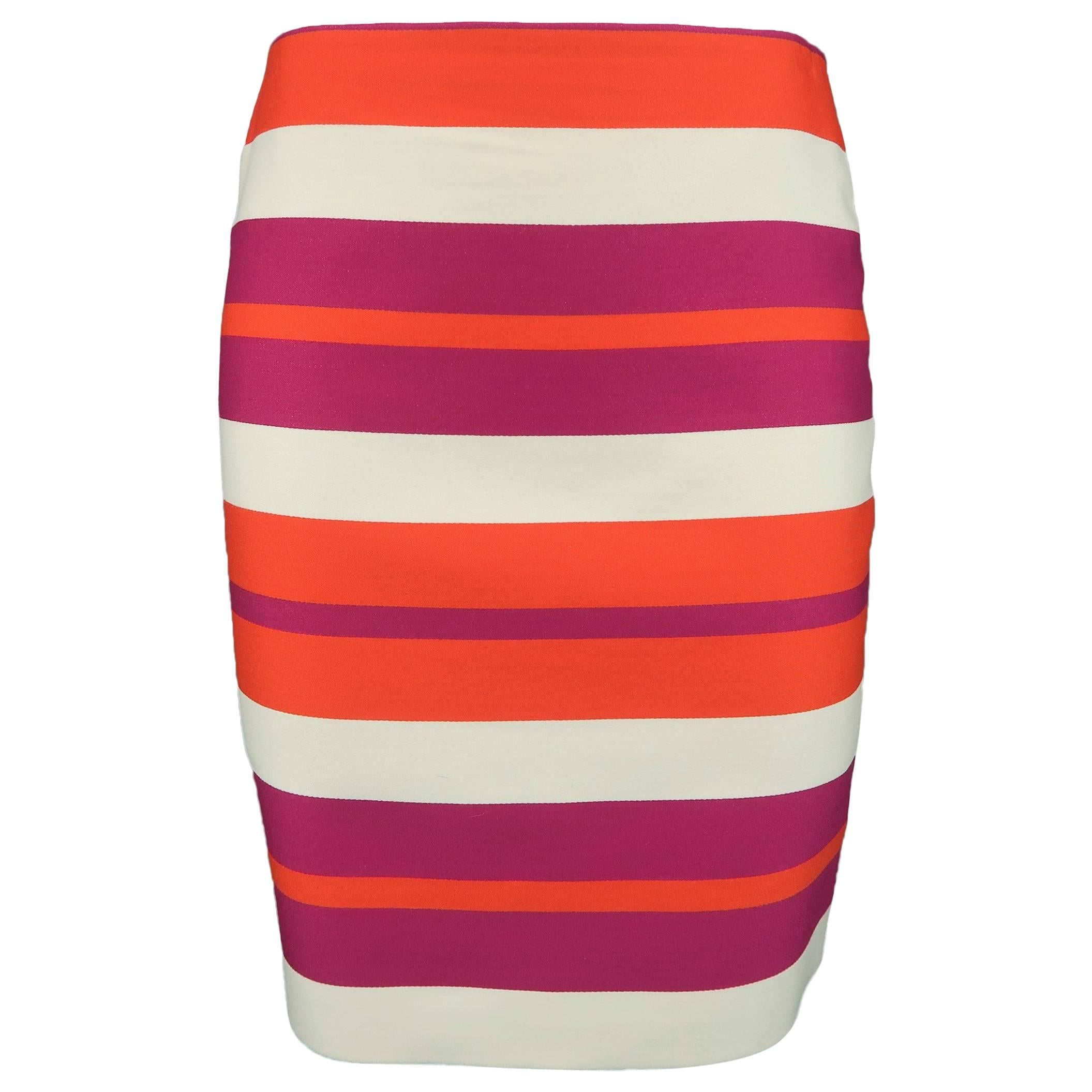 Celine Fuchsia Orange and Cream Striped Wool Mini Skirt