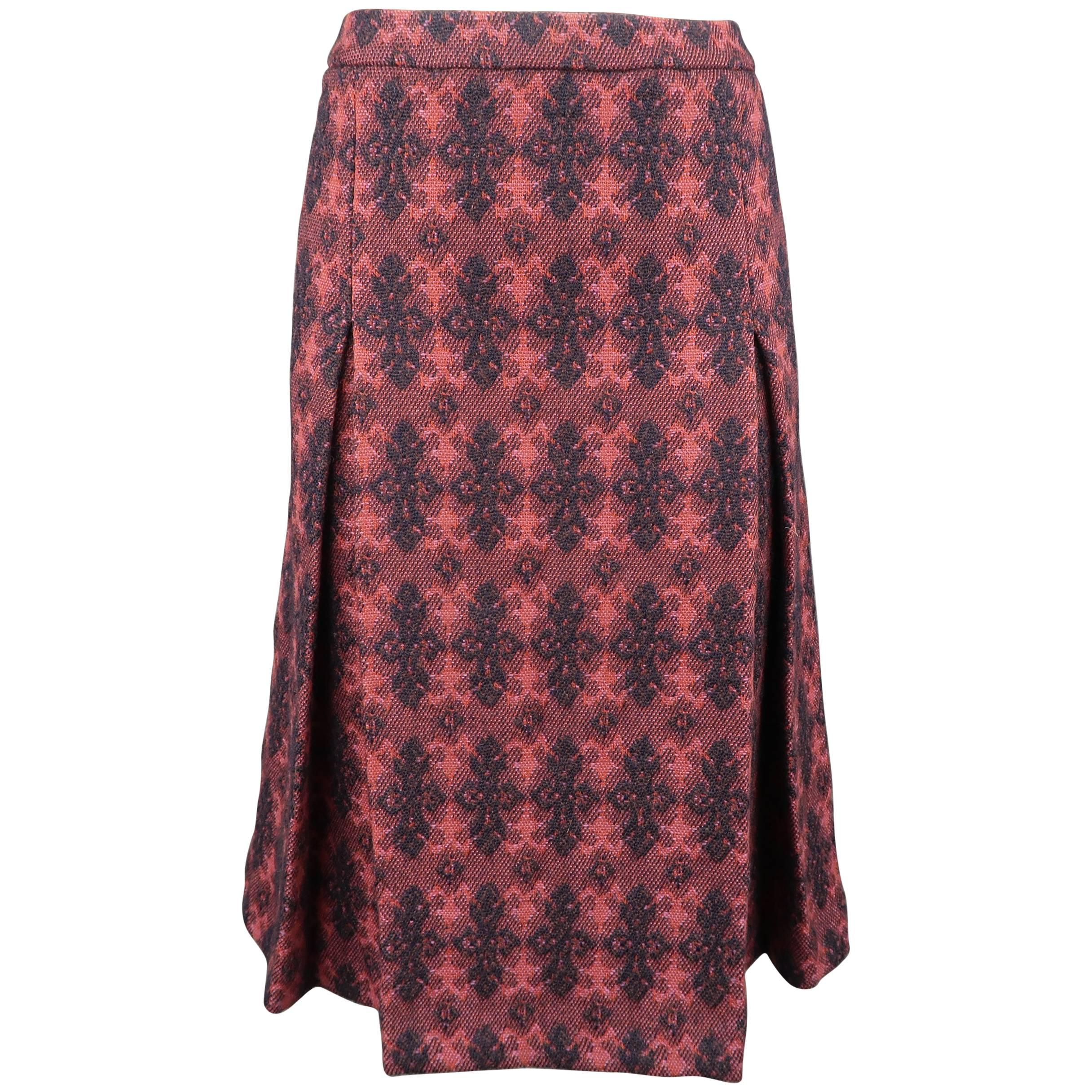 Miu Miu Burgundy Brocade Textured Virgin Wool Pleated Skirt