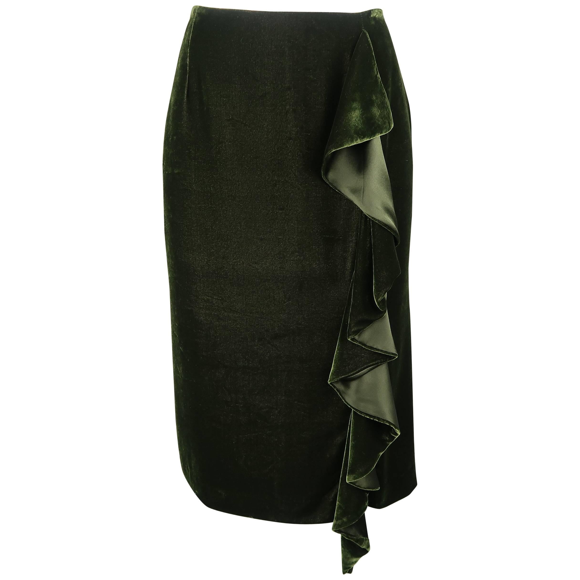 Ralph Lauren Dark Green Silk Blend Velvet Ruffle Skirt