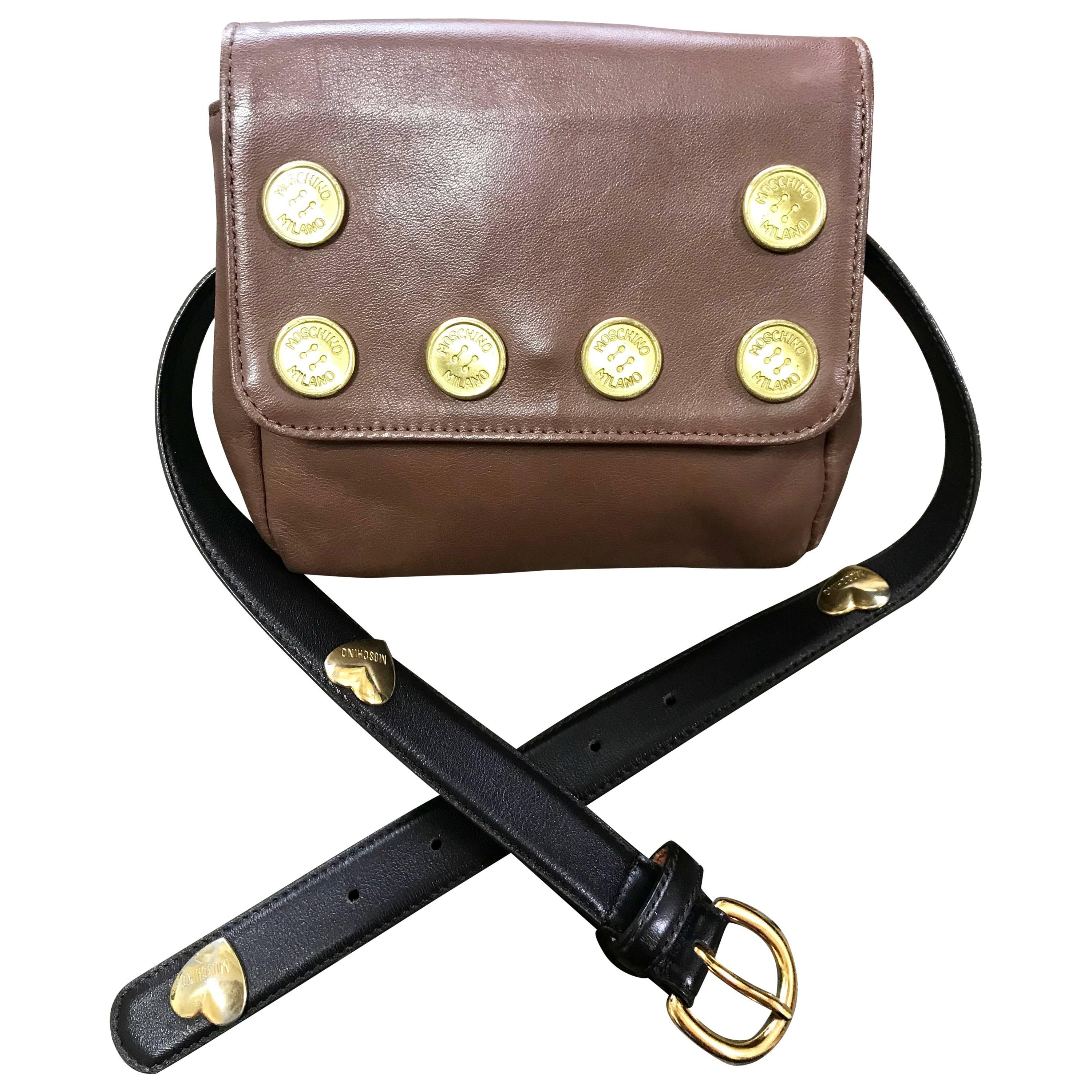 Vintage MOSCHINO brown fanny pack, clutch bag with button motifs and belt. For Sale