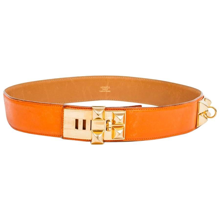 HERMES 'Médor' Vintage Belt in Orange Courchevel Leather Size 76