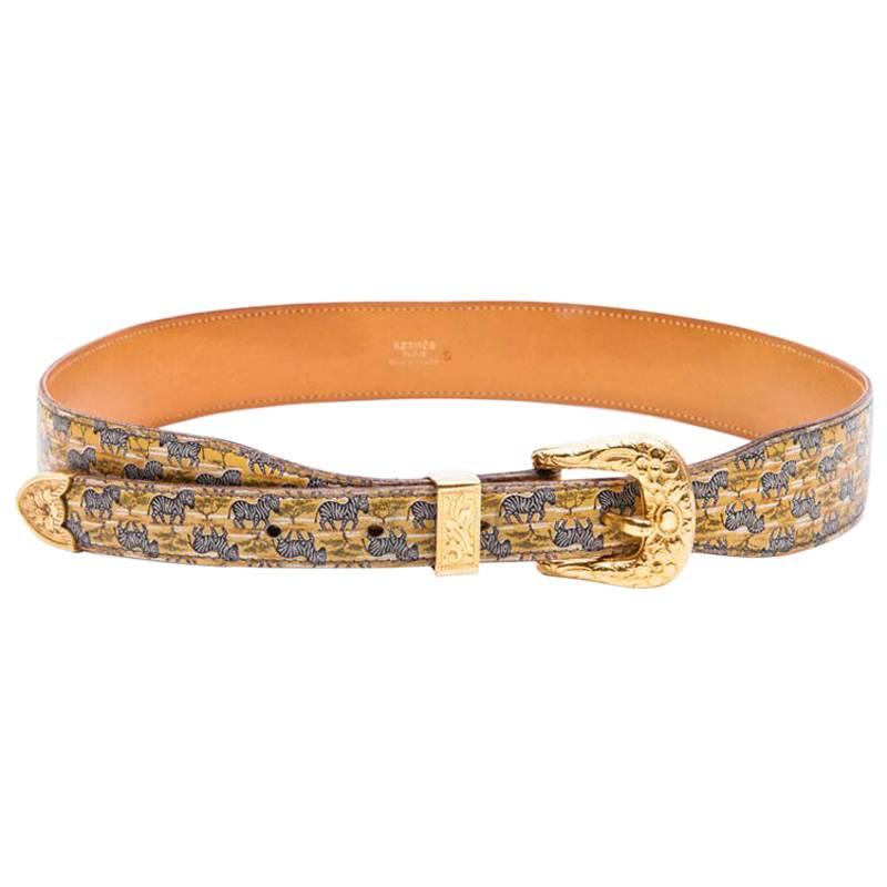 HERMES Collector Belt in Zebras Printed Leather Lined in Gold Leather Size 75FR