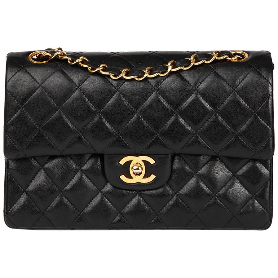 1980's Chanel Black Quilted Lambskin Vintage Small Classic Double Flap Bag