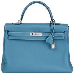 2008 Hermes Blue Jean Togo Leather Kelly 35cm Retourne Bag