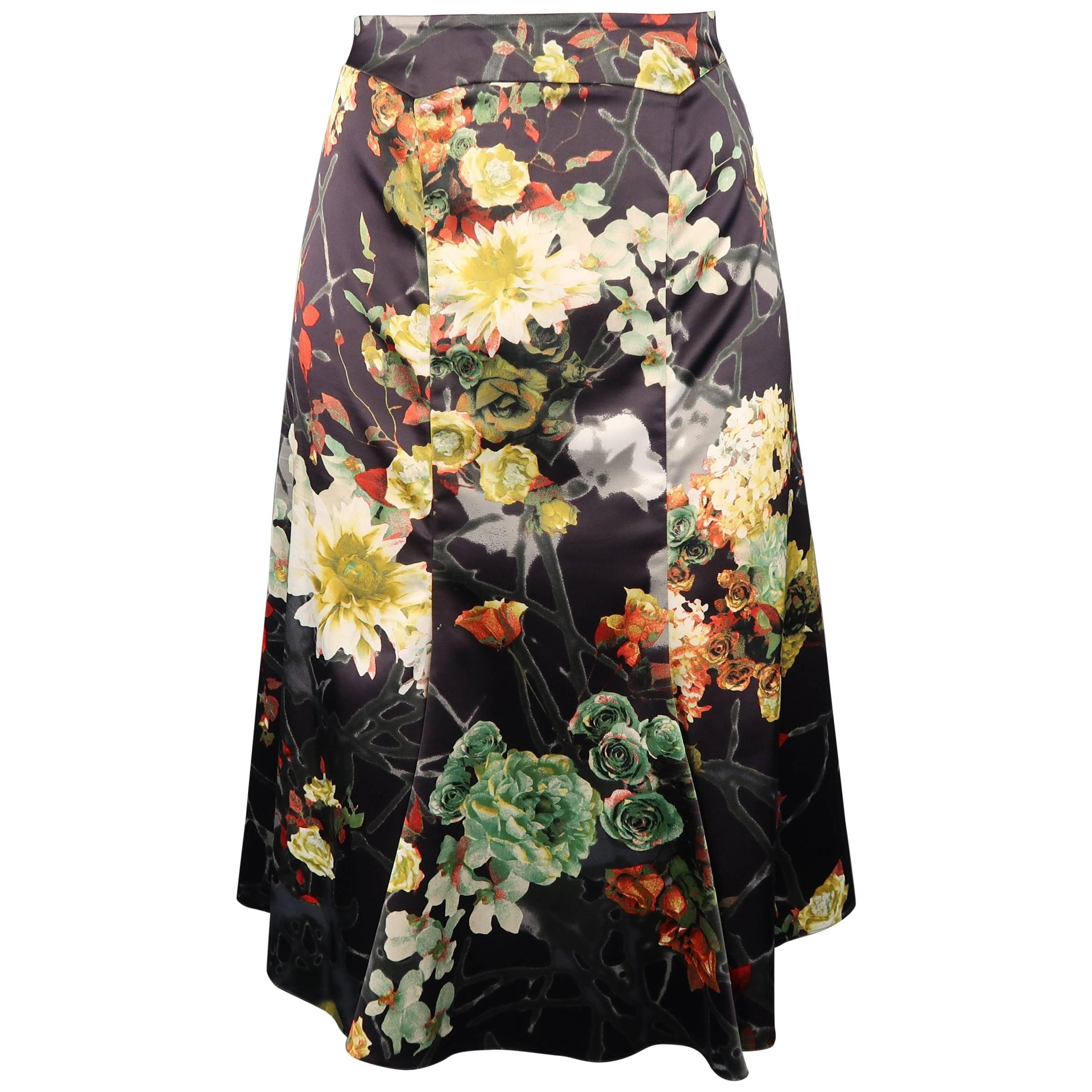 Just Cavalli Charcoal Multicolor Floral Print Satin Flare Skirt