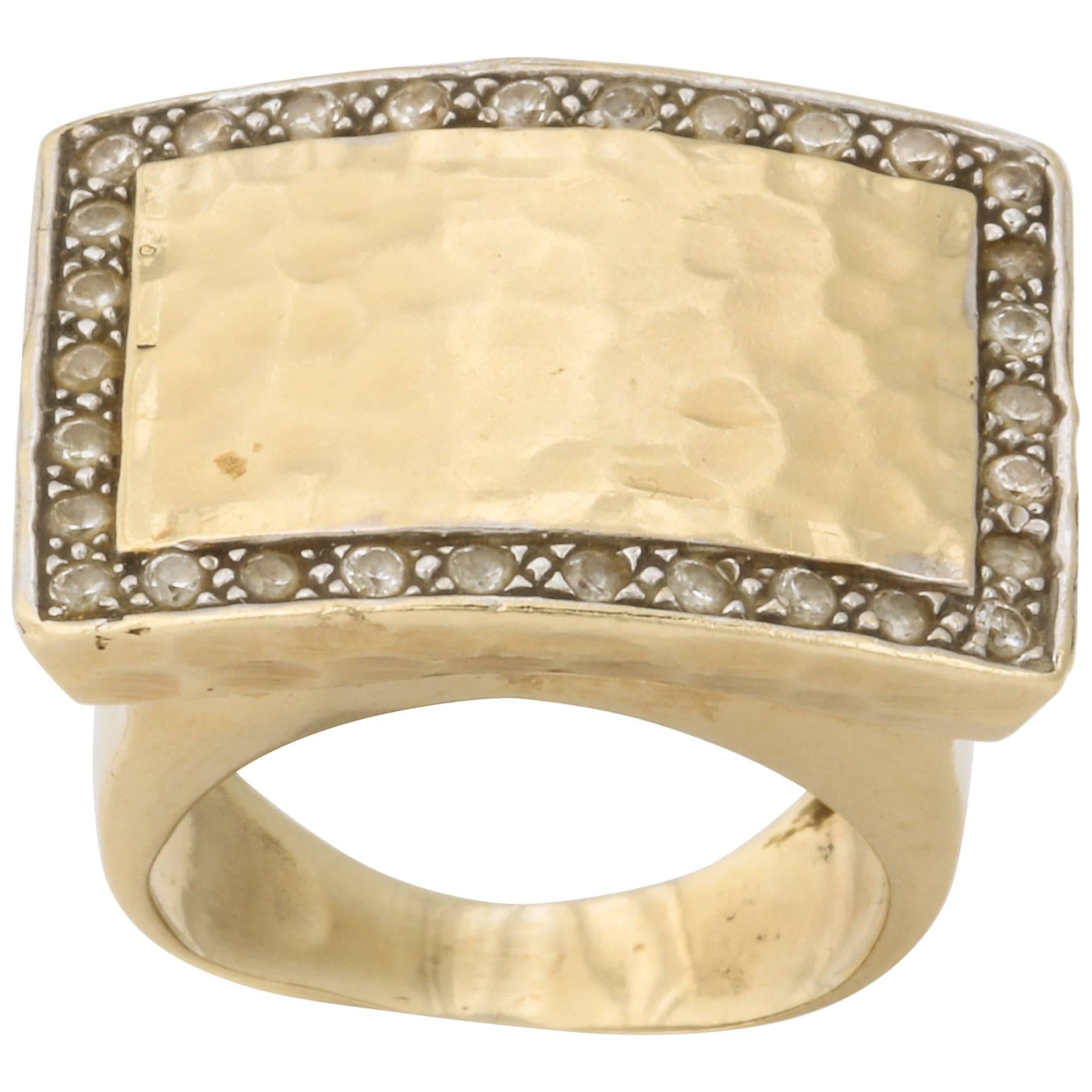 Diamond and Hand Hammered Gold Ring For Sale