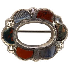Antique Victorian Sterling Silver Scottish Agate Pebble Brooch Pin