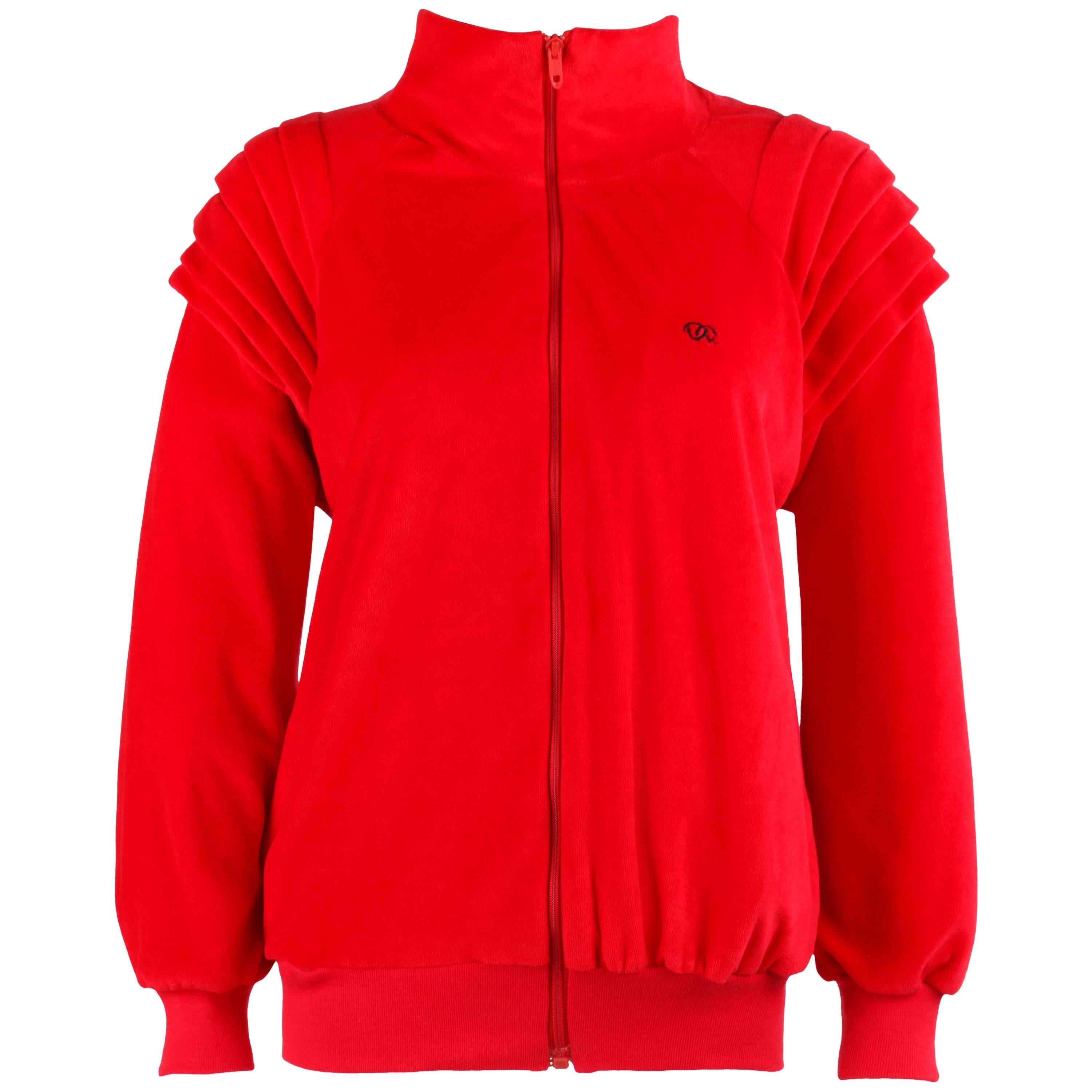OSCAR DE LA RENTA Activewear c.1980's Red Velour Zip Up Sweater Track Jacket NOS