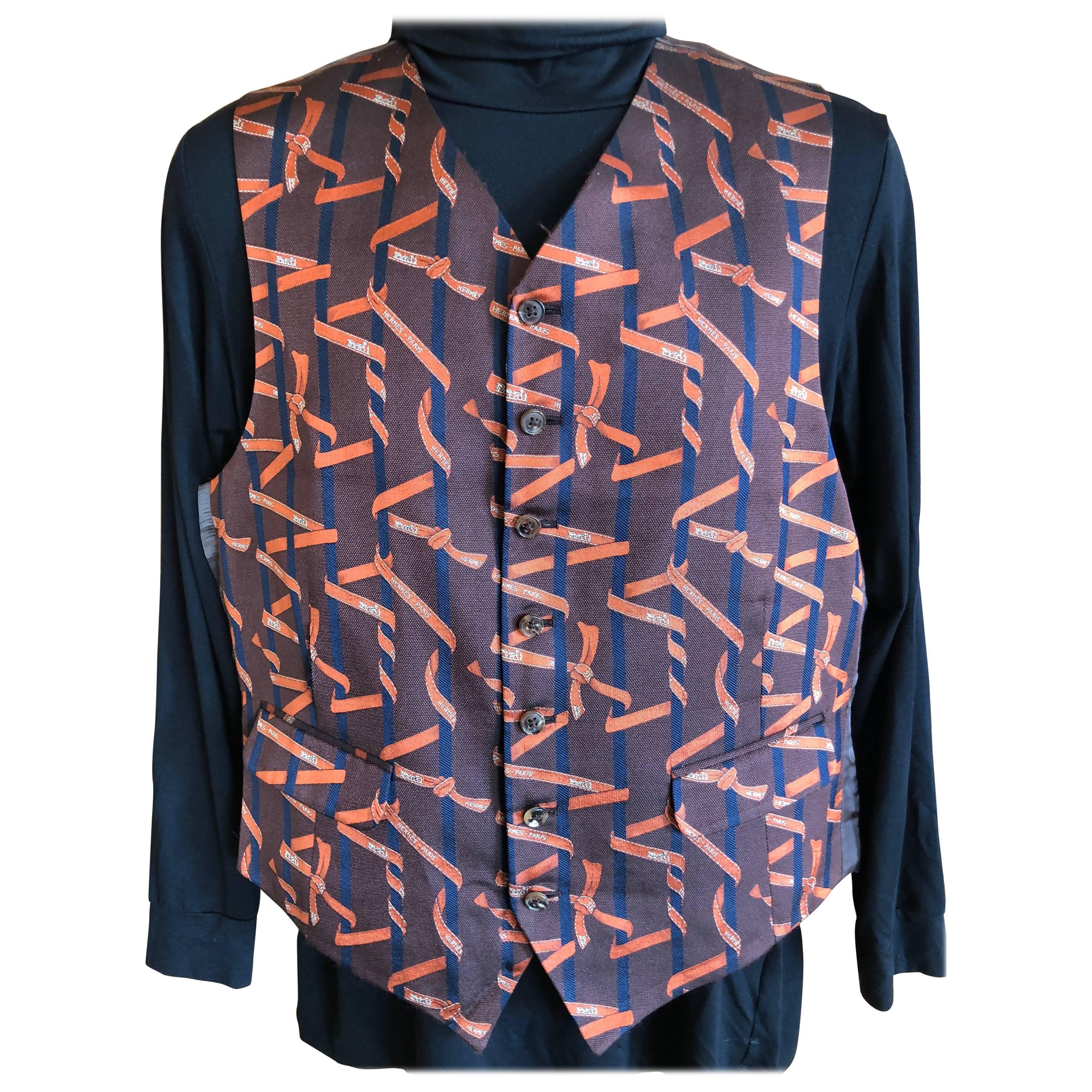 Hermes Paris Vintage Men's Silk Bolduc Ribbon Vest with Two Flap Pockets 