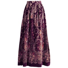 1970s Adolfo Vintage Long Purple Velvet Maxi Skirt with Floral Paisley Print