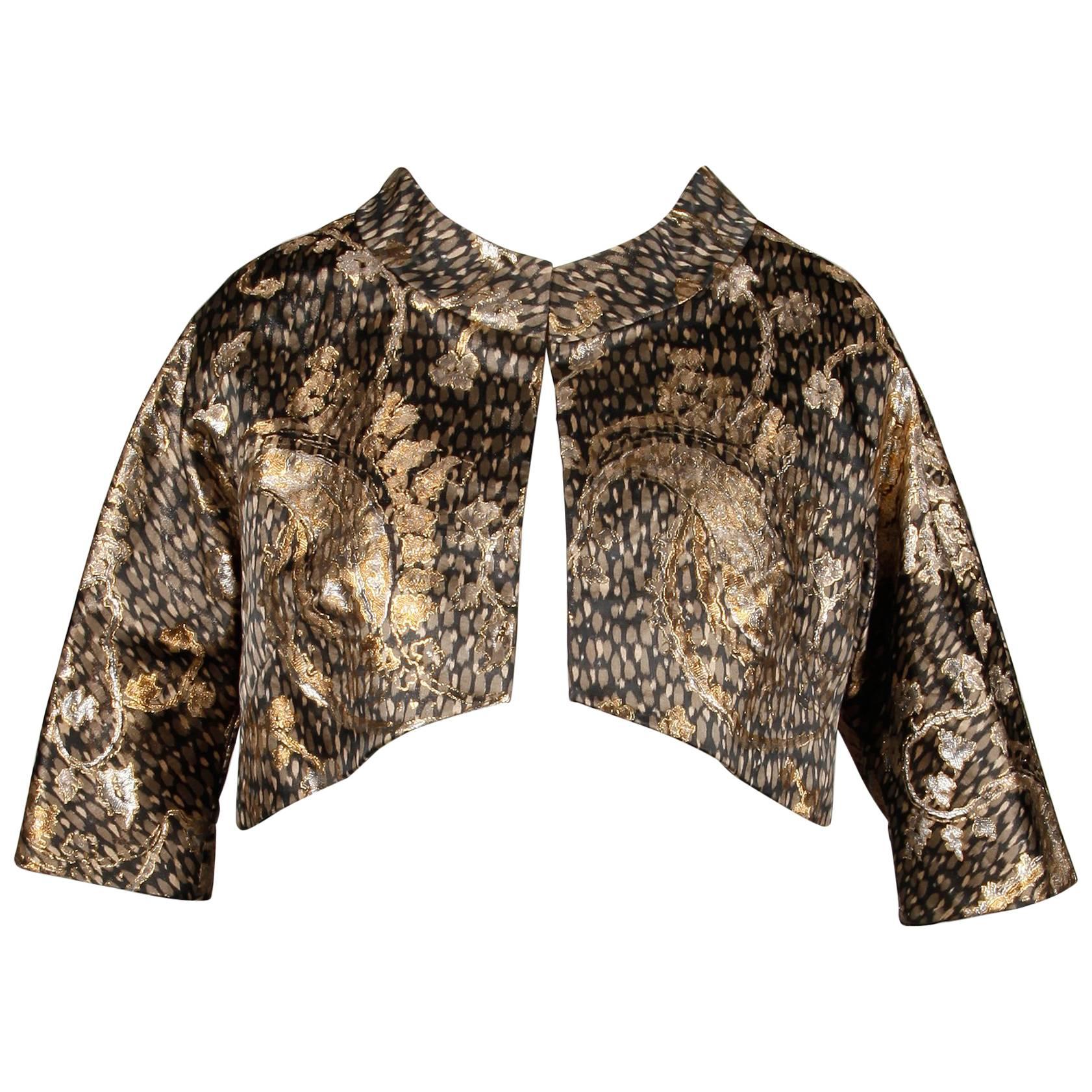Stunning 1960s Helga Vintage Metallic Gold Silk Brocade Cropped Bolero Jacket