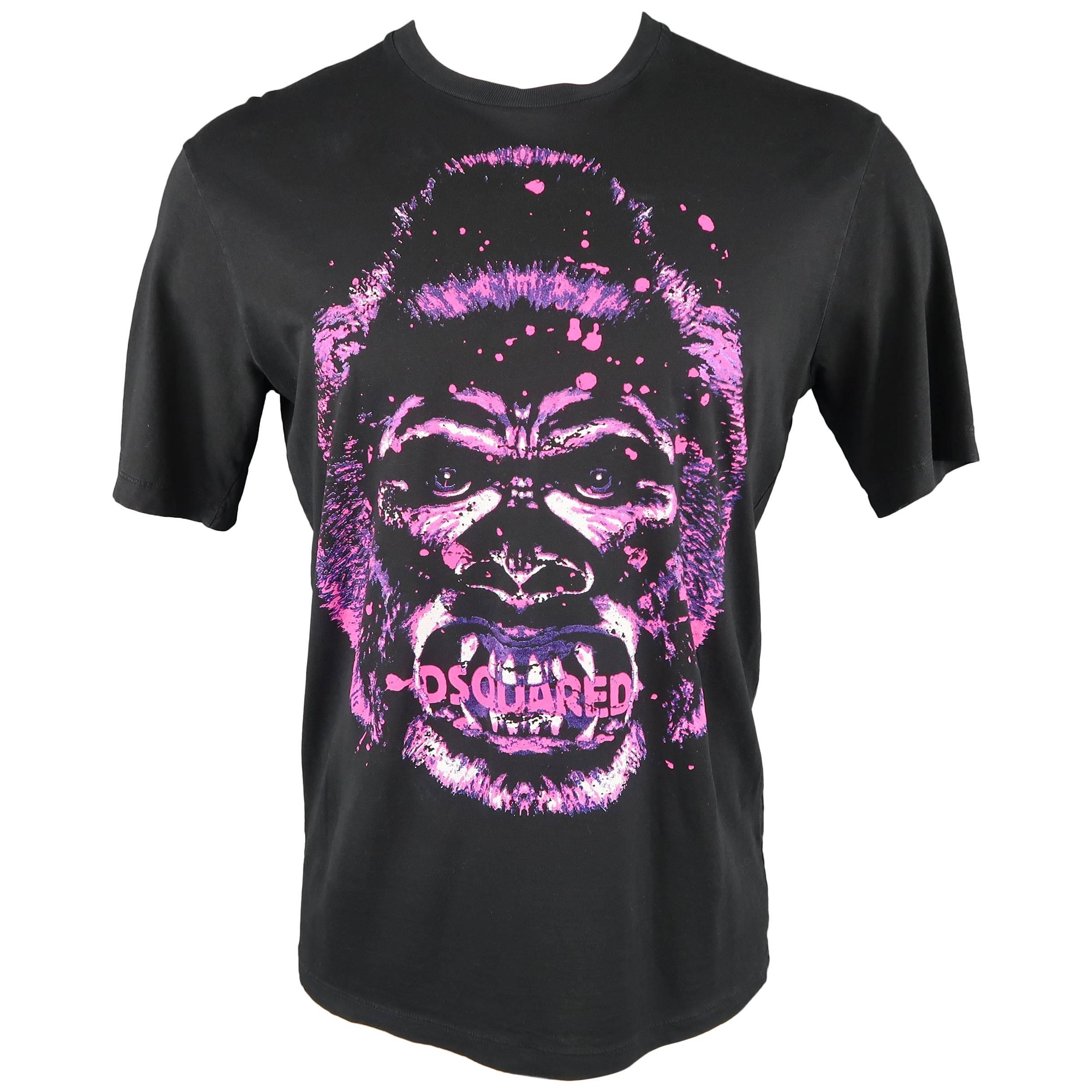 DSQUARED2 Men's Black Pink and Purple Gorilla Print Cotton T-shirt
