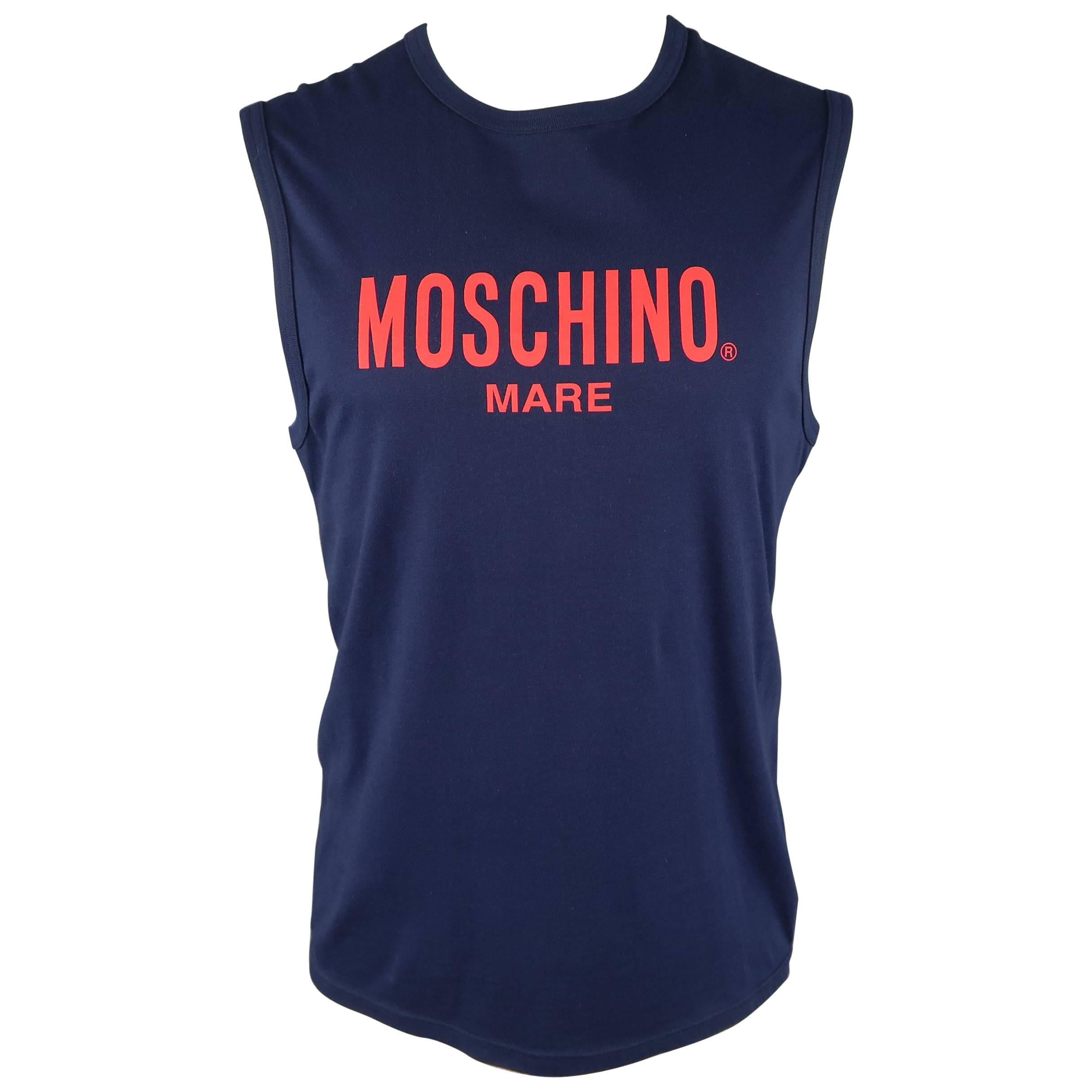 Moschino Mare Men's Navy and Red Logo Cotton Sleeveless T Shirt