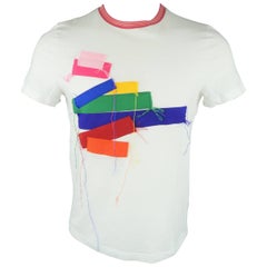 James Long Men's White Cotton Multicolor Frayed Ribbon T-shirt