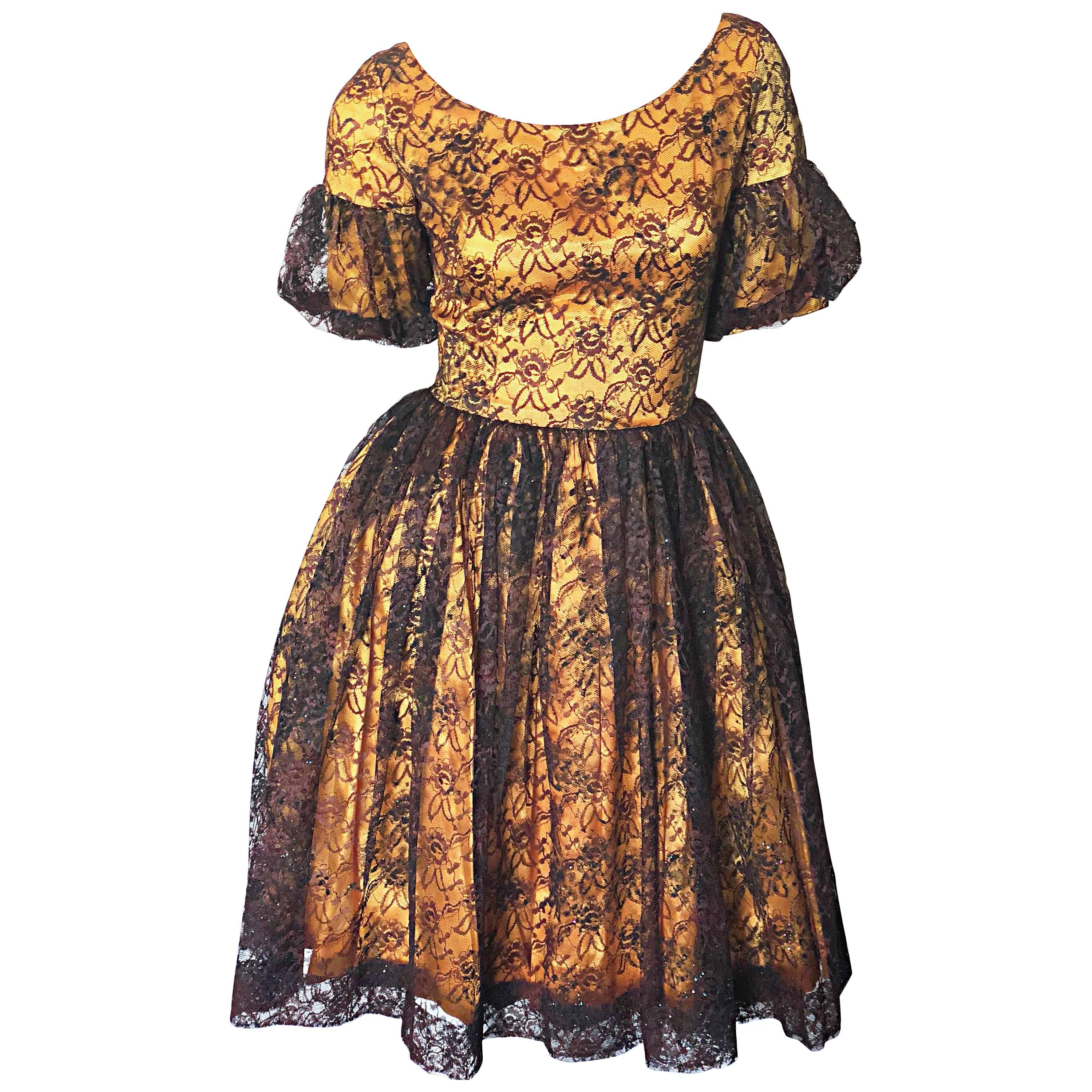 Gorgeous 1950s Black + Gold Silk Lace Fit and Flare Glitter Vintage 50s ...