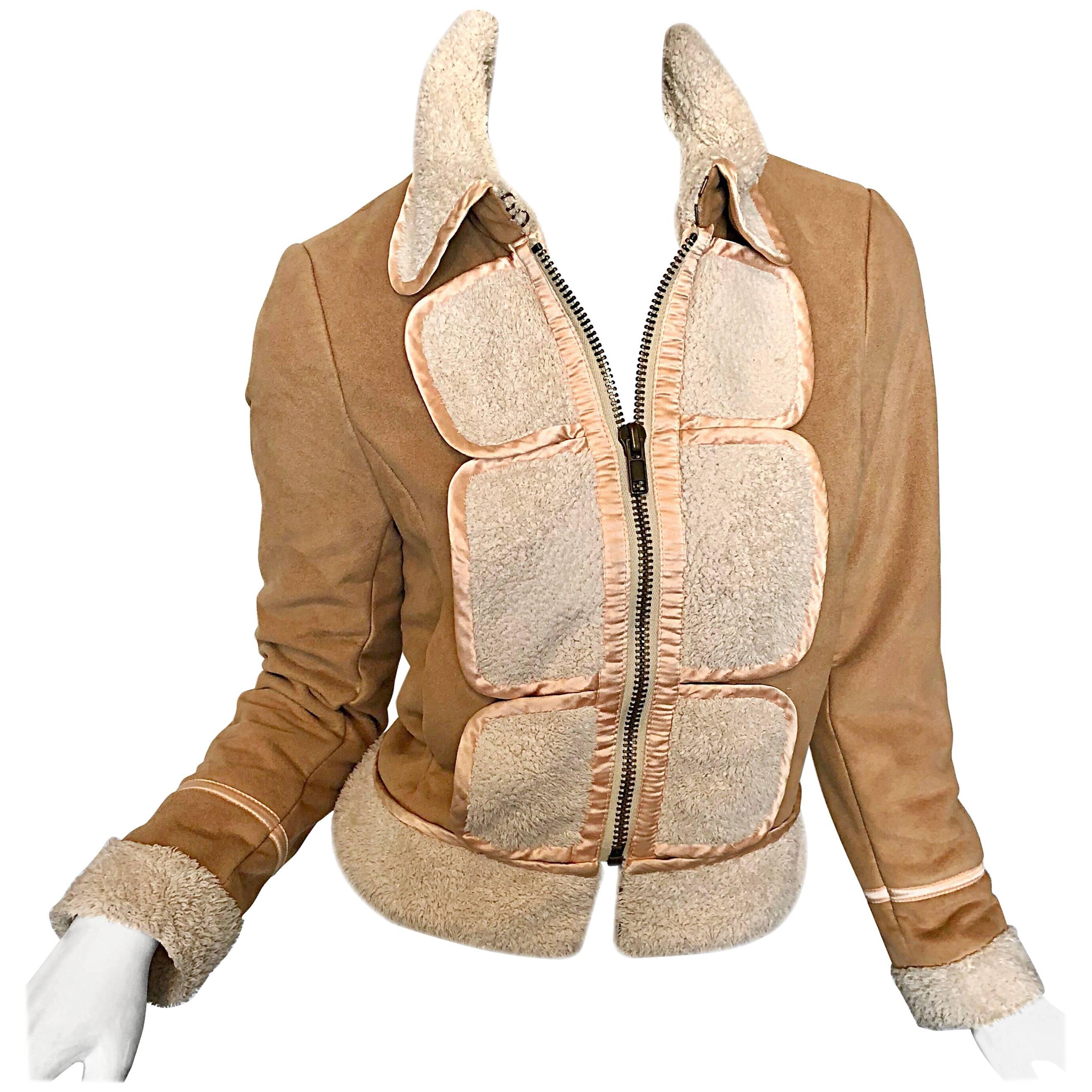 Phillip Lim 3.1 Early 2000s Faux Suede Shearling Brown Tan Ivory Trucker Jacket For Sale